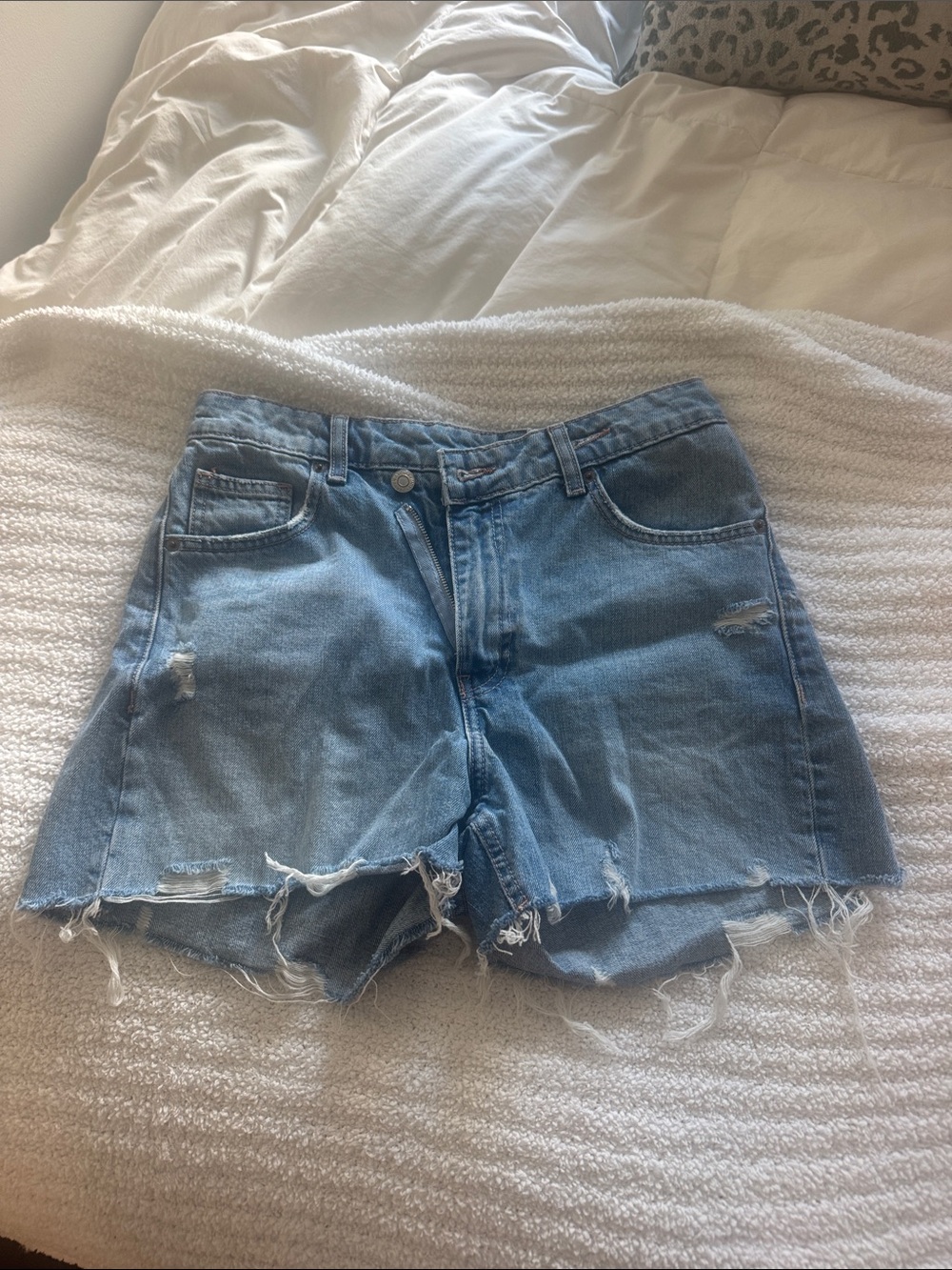 Zara Light Blue Distressed Denim Shorts